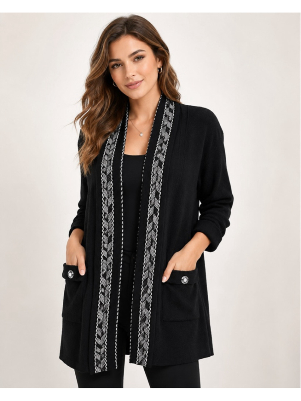 Secret’s Black & White Crystal-Embellished Knit Sweater Jacket – Size XL